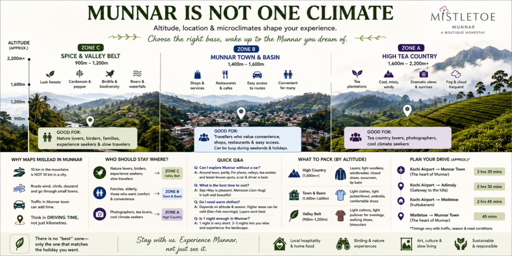 "Map of altitude zones and where to stay in Munnar"