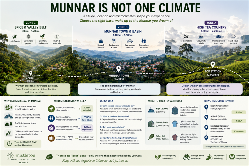 "Map of altitude zones and where to stay in Munnar"